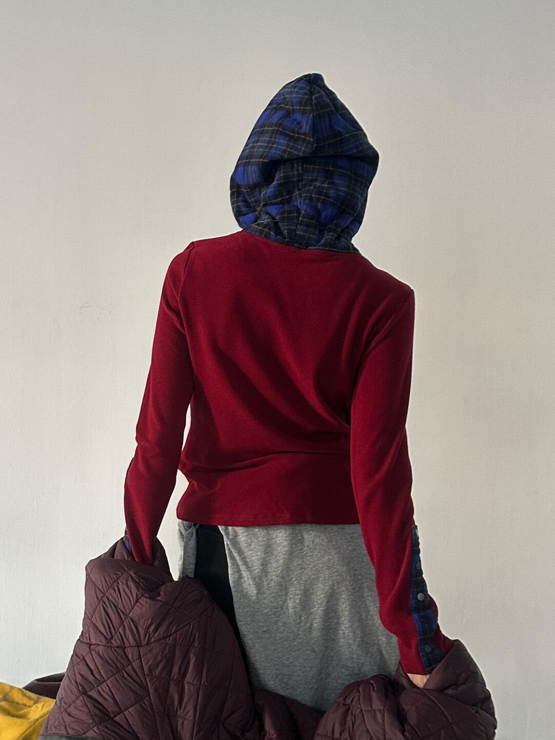 「Color-Block Grid Hooded Base Layer - Edgy Comfort Reinvented」