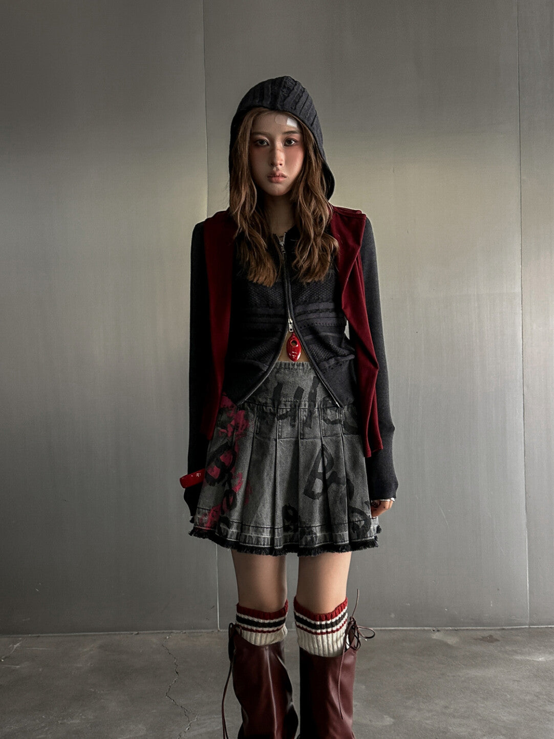 Dark Grey Pleated Hand-Painted Mini Skirt