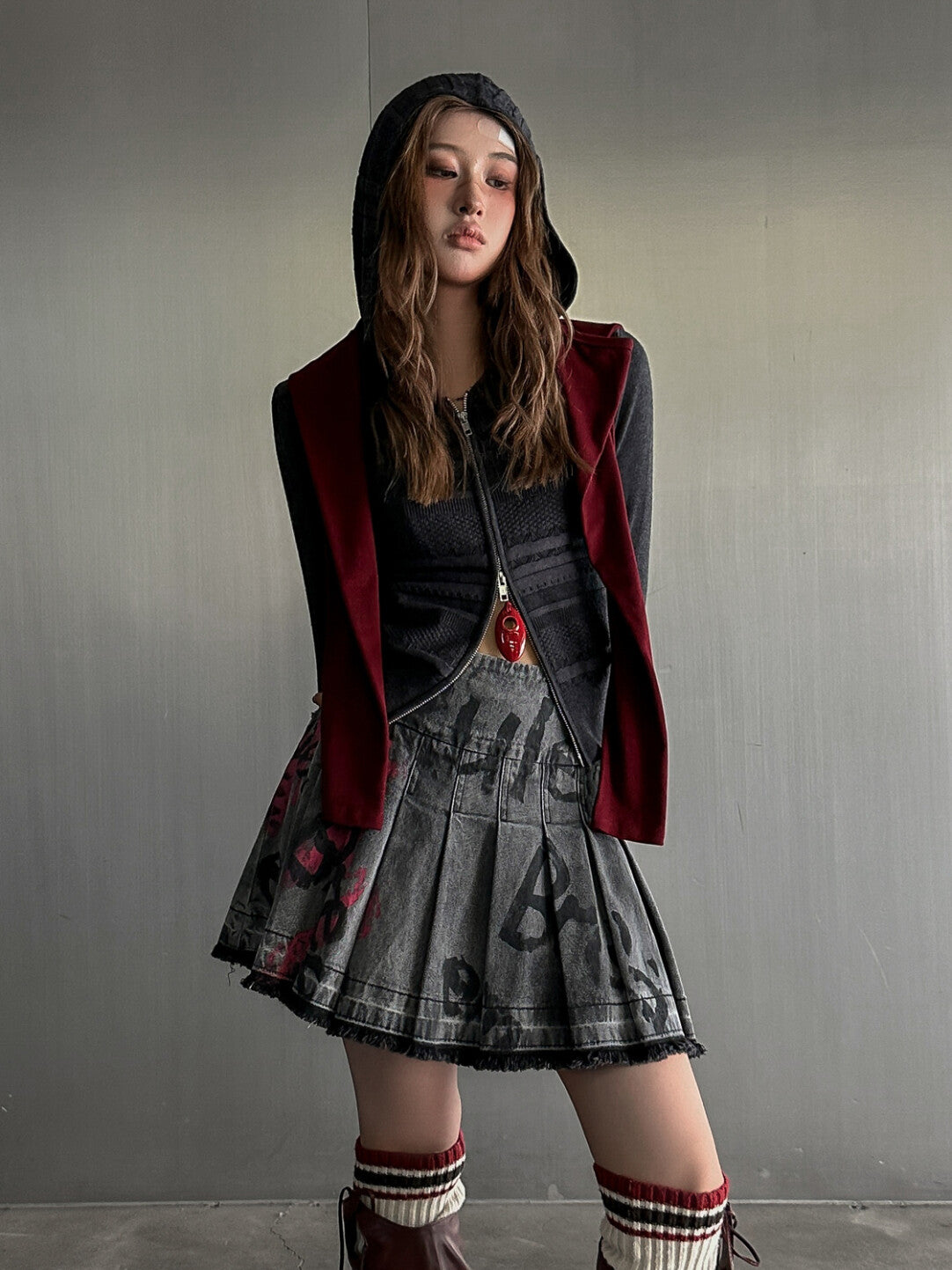Dark Grey Pleated Hand-Painted Mini Skirt