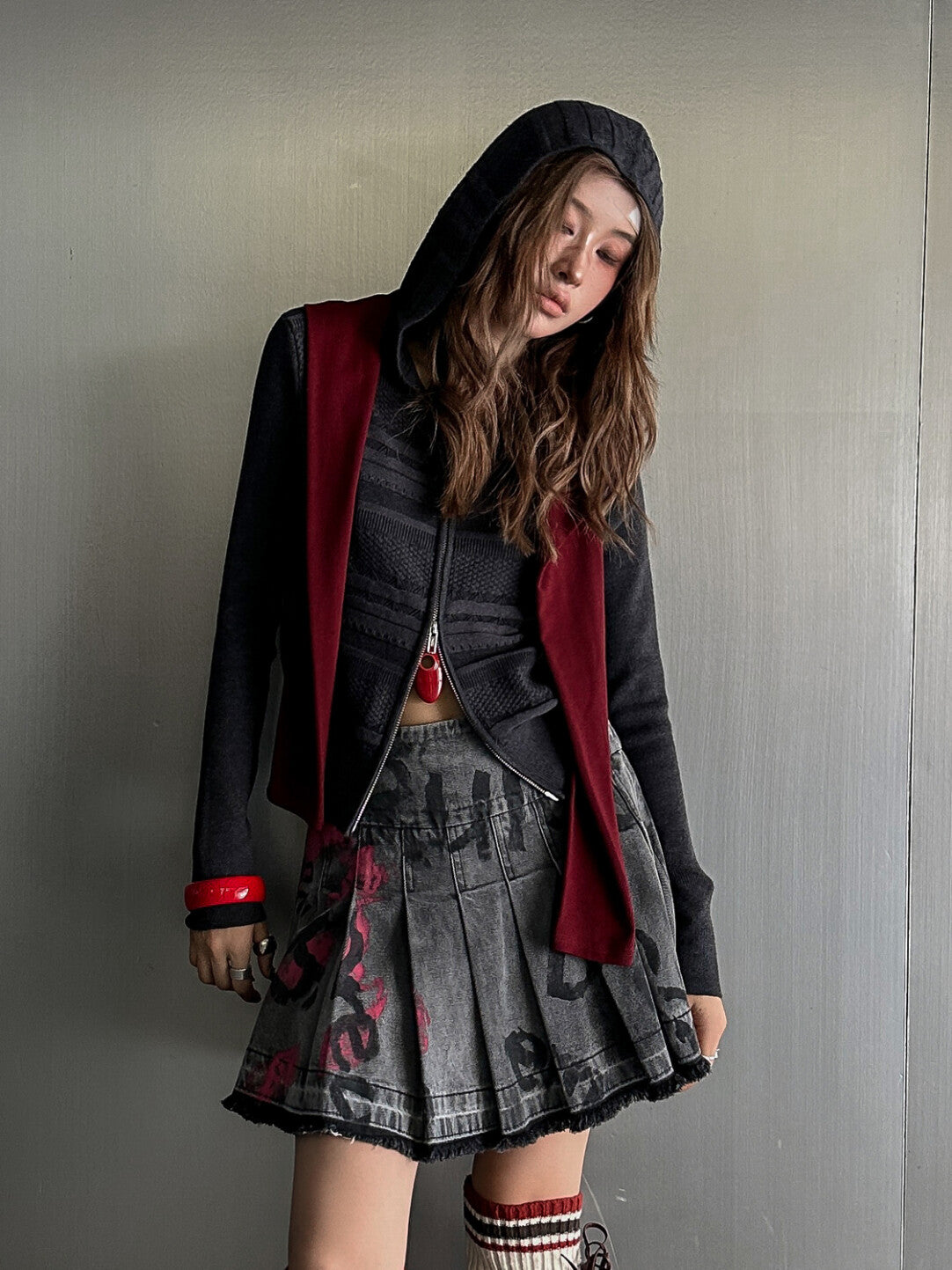 Dark Grey Pleated Hand-Painted Mini Skirt