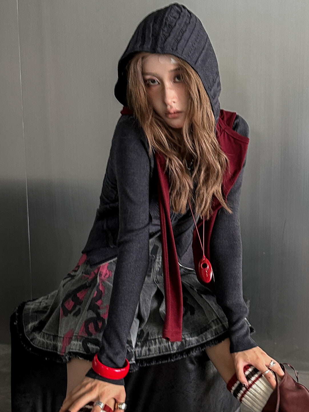 Dark Grey Pleated Hand-Painted Mini Skirt